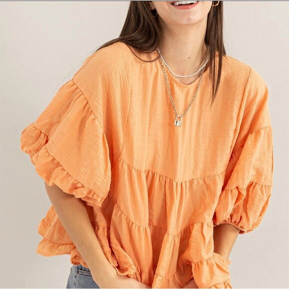 Hyfve Tops - NWT HYFVE Woman's Orange Babydoll Blouse Ruffled Crop Top M lantern sleeve‎